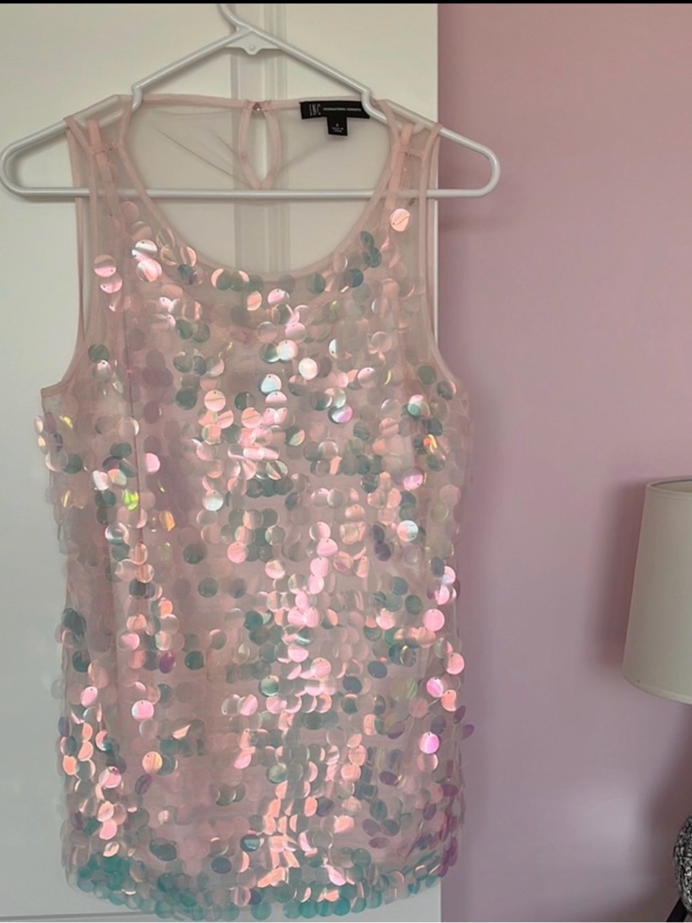 INC International Concepts Iridescent Pink Sequin Mesh Tank Top w/ sheer lining